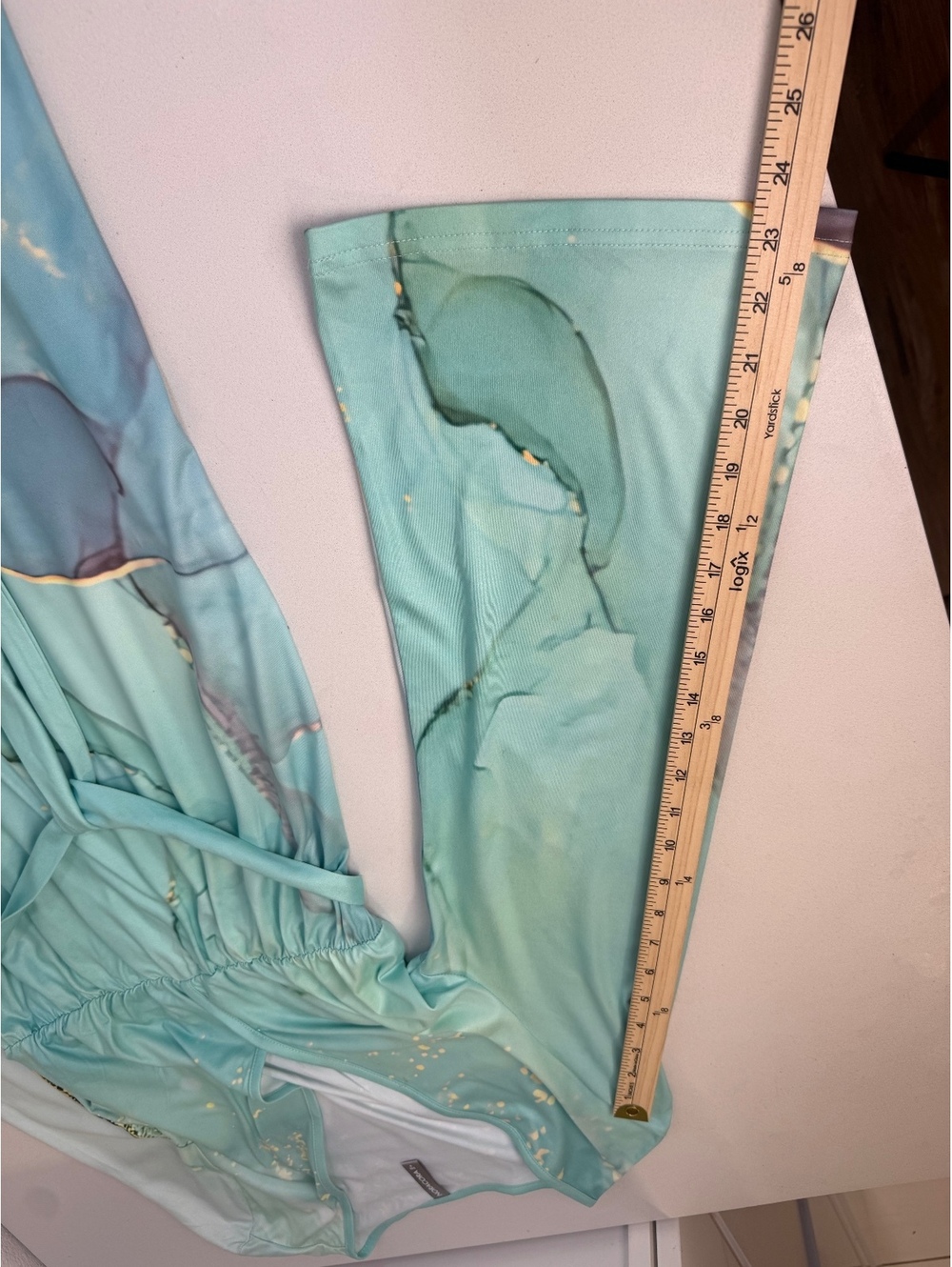 Long Sleeve Maxi Dress with Abstract Aqua and Gold Print - Picture 8 of 13